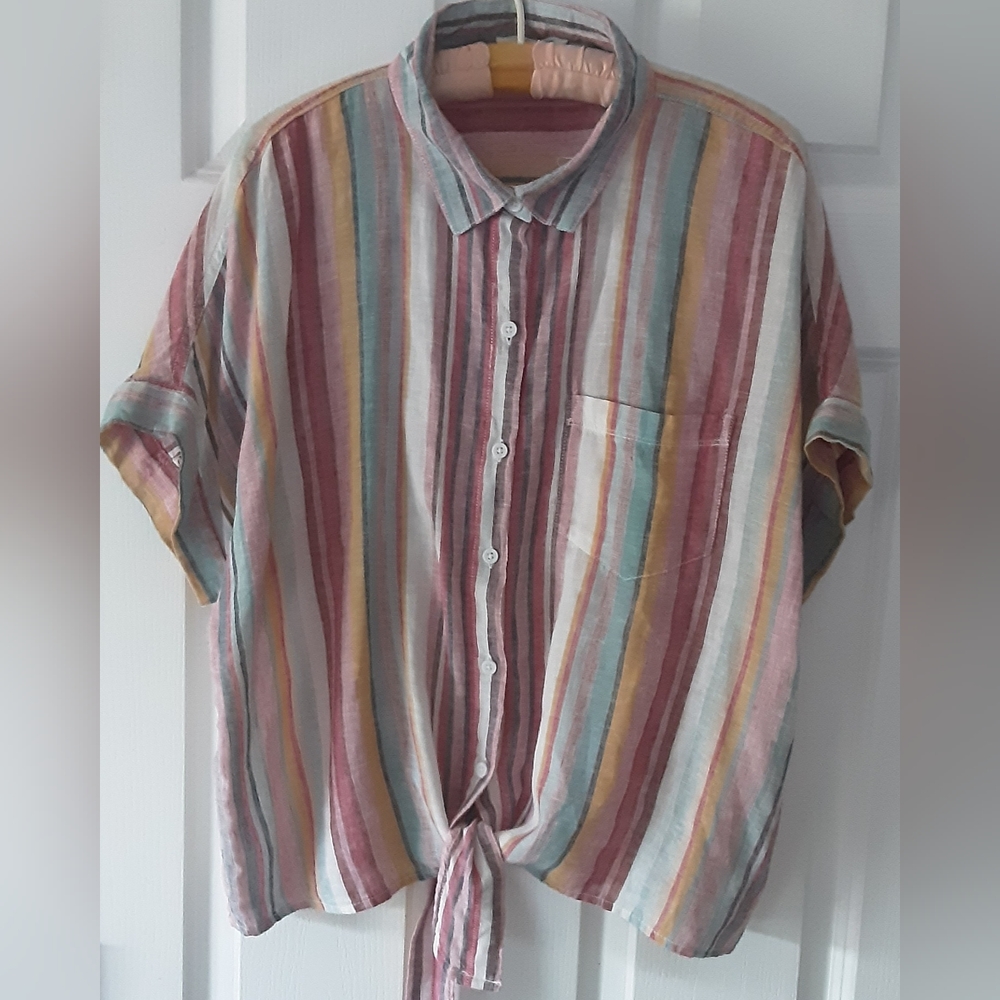 BEACH LUNCH LINEN BLEND TIE TOP L